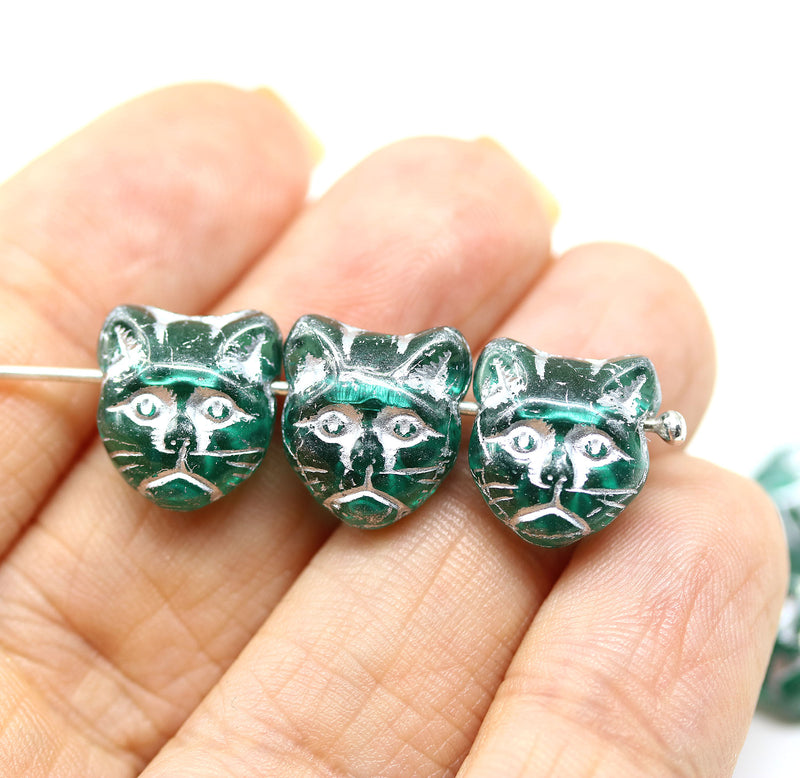 11mm Teal cat head beads, silver inlays Czech glass - 8pc