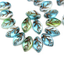 12x7mm Mixed blue green Czech glass beads bronze wash, 30pc