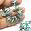 12x7mm Mixed blue green Czech glass beads bronze wash, 30pc