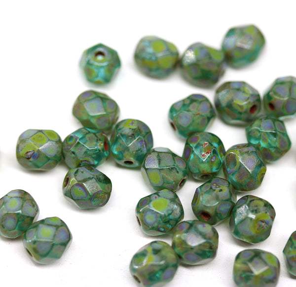6mm Blue green czech glass beads picasso round faceted, 30Pc
