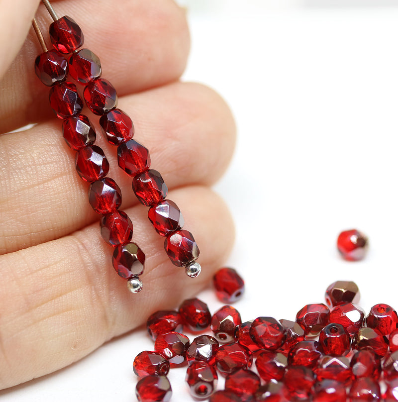 4mm Dark red Czech glass fire polished round beads, copper luster, 50Pc