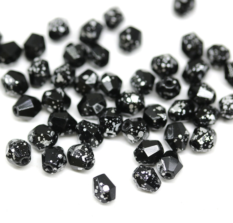 5mm Black bicone beads silver flakes Czech glass fire polished 50pc