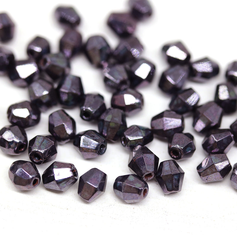 5mm Black bicone beads purple luster Czech glass fire polished 50pc