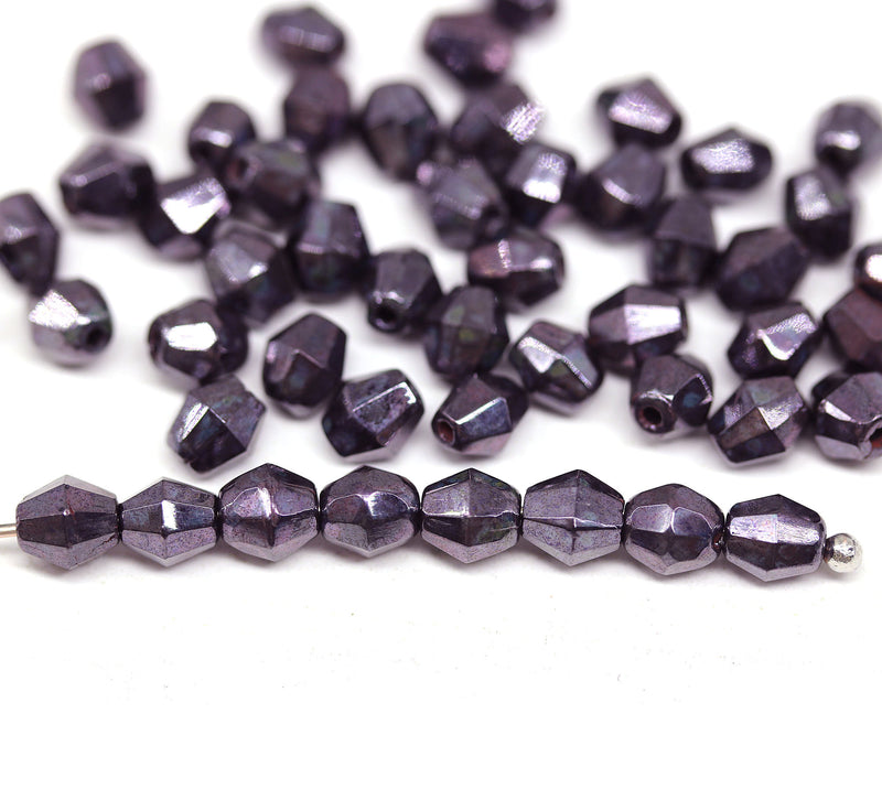 5mm Black bicone beads purple luster Czech glass fire polished 50pc