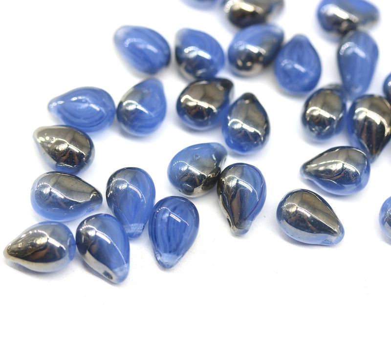 6x9mm Opal blue Czech glass drops, metallic luster - 30pc