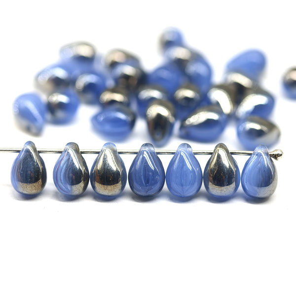 6x9mm Opal blue Czech glass drops, metallic luster - 30pc