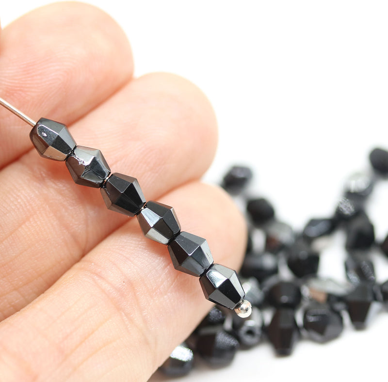 5mm Black bicone beads silver luster Czech glass fire polished 50pc