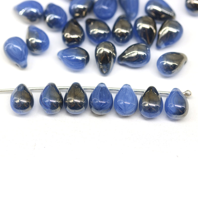 6x9mm Opal blue Czech glass drops, metallic luster - 30pc