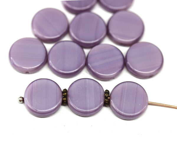 12mm Opaque purple czech glass beads, round tablet shape pressed beads, 12Pc
