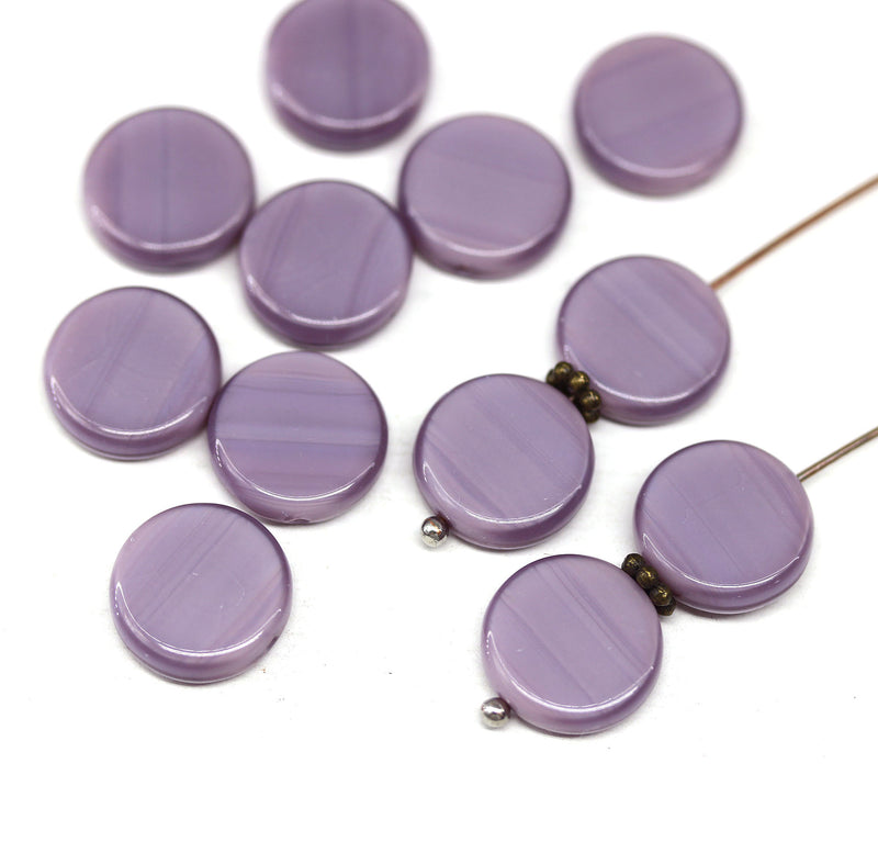 12mm Opaque purple czech glass beads, round tablet shape pressed beads, 12Pc