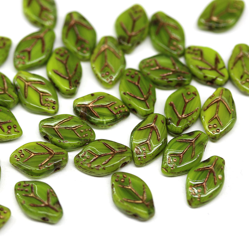 12x7mm Mixed green Czech glass beads, bronze inlays, 30pc