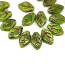 12x7mm Mixed green Czech glass beads, bronze inlays, 30pc