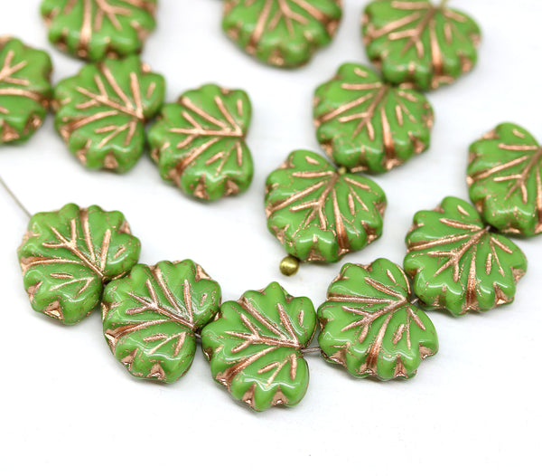11x13mm Opaque green maple czech glass leaf beads copper wash, 15pc