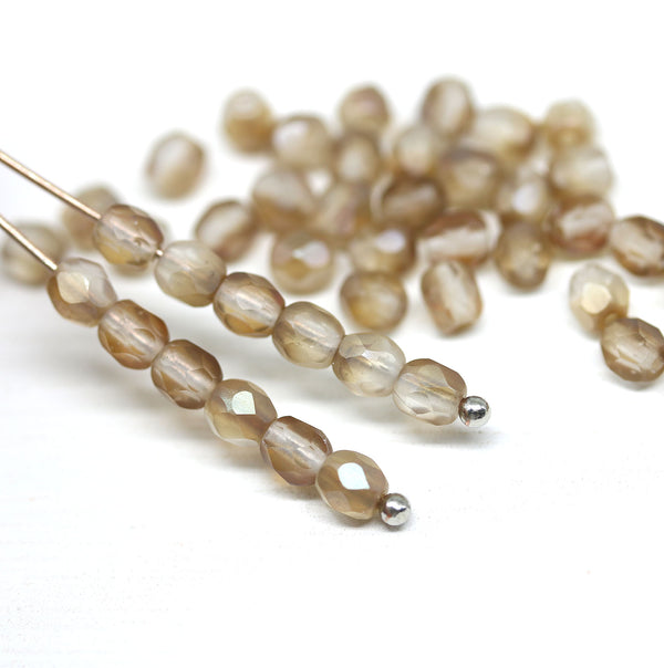 4mm Light brown Czech glass beads, fire polished round faceted spacers - 50Pc