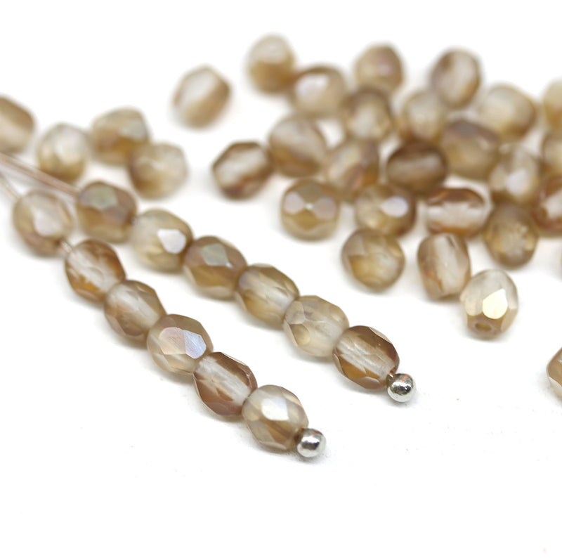 4mm Light brown Czech glass beads, fire polished round faceted spacers - 50Pc