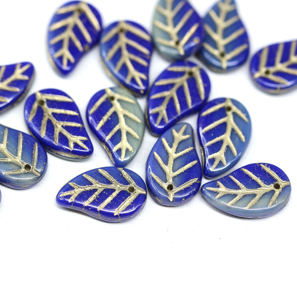 14x9mm Blue gray Czech glass leaves, gold wash, 15pc