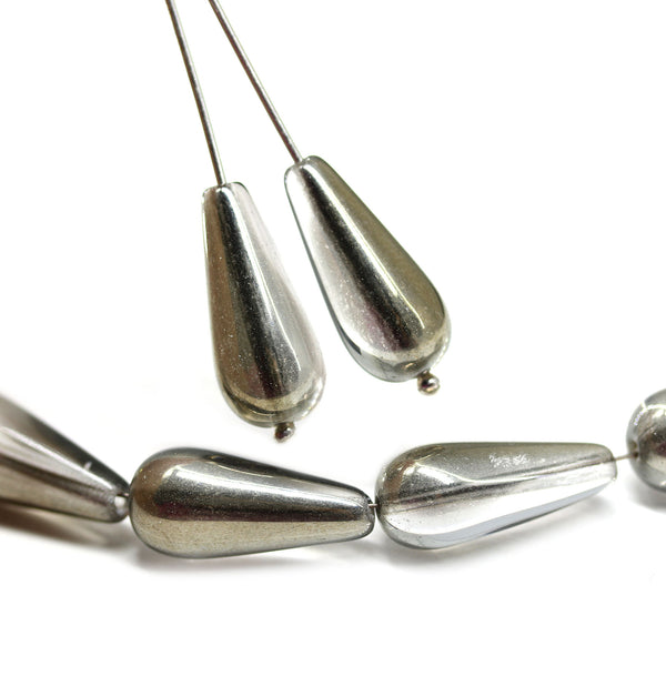 20x9mm Crystal clear pear shape teardrop czech glass beads, metallic luster, 4pc