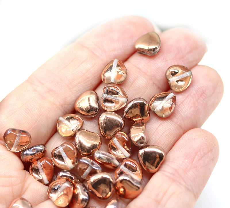 8mm Light copper heart, Transparent czech glass pressed beads, 30Pc