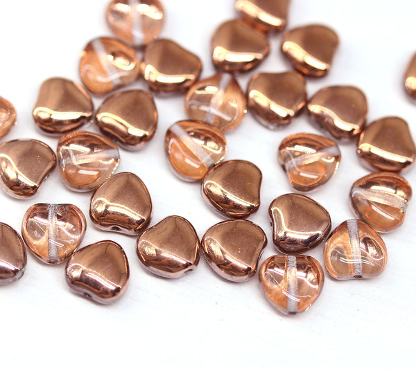 8mm Light copper heart, Transparent czech glass pressed beads, 30Pc