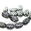 13x9mm Puffy oval black czech glass pressed beads, silver wash, 15pc