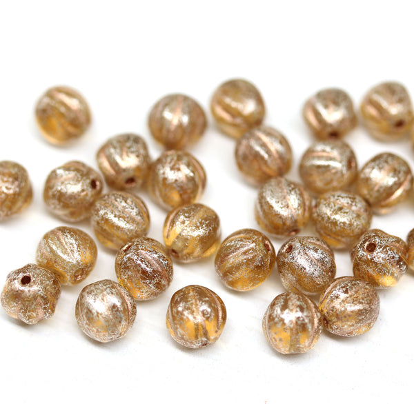 6mm Light brown round melon shape Silver wash czech glass beads - 30Pc