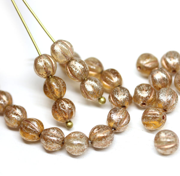 6mm Light brown round melon shape Silver wash czech glass beads - 30Pc