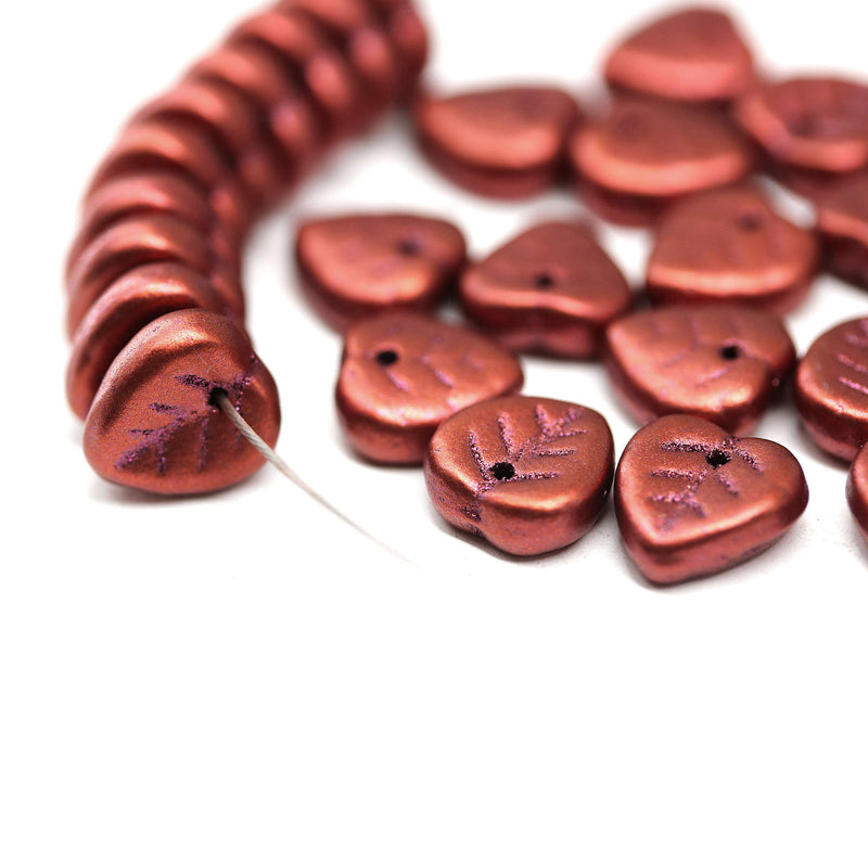 9mm Red copper colored heart shaped triangle leaf czech glass, 30pc