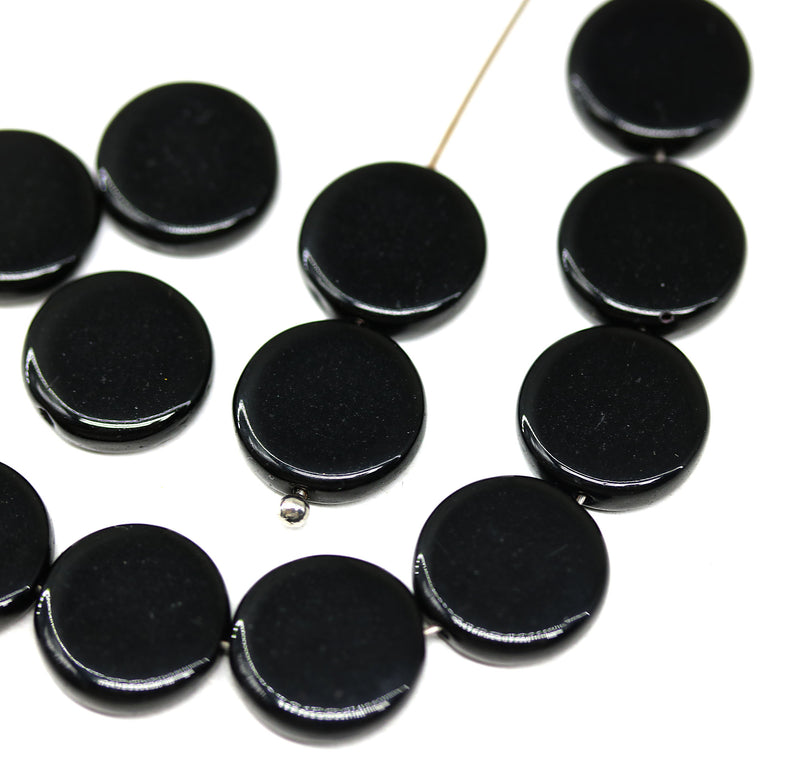 12mm Jet black coin czech glass beads, round tablet shape pressed beads, 15Pc