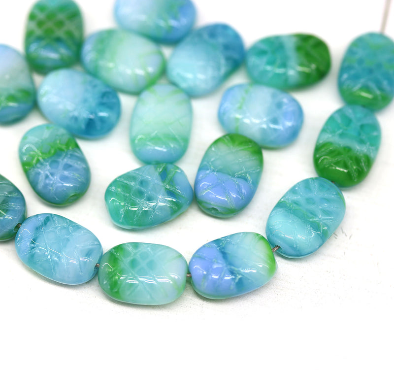 10x7mm Blue green puffy oval czech glass pressed beads, 20pc