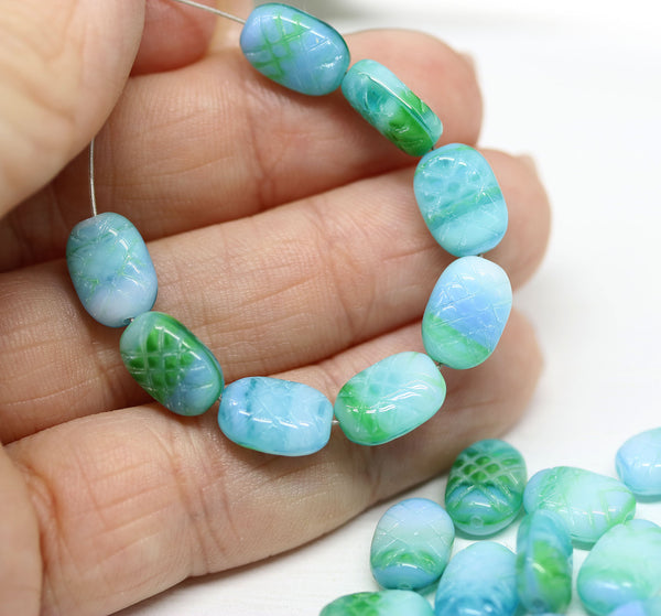 10x7mm Blue green puffy oval czech glass pressed beads, 20pc