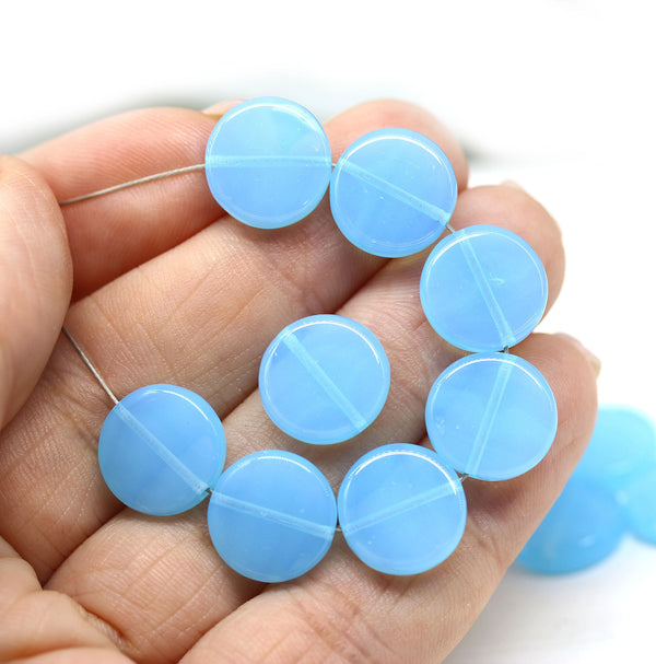 12mm Opal blue coin czech glass beads, round tablet shape pressed beads 12Pc