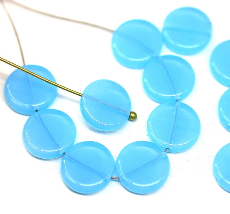 12mm Opal blue coin czech glass beads, round tablet shape pressed beads 12Pc