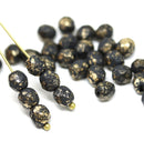 6mm Matte black round fire polished czech glass beads gold flakes, 30Pc