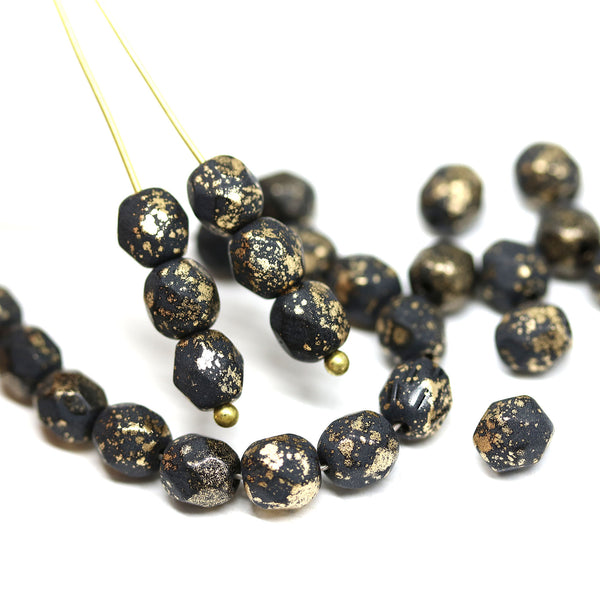 6mm Matte black round fire polished czech glass beads gold flakes, 30Pc