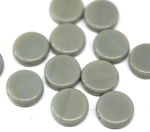 12mm Opaque gray coin czech glass beads, round tablet shape pressed beads, 12Pc
