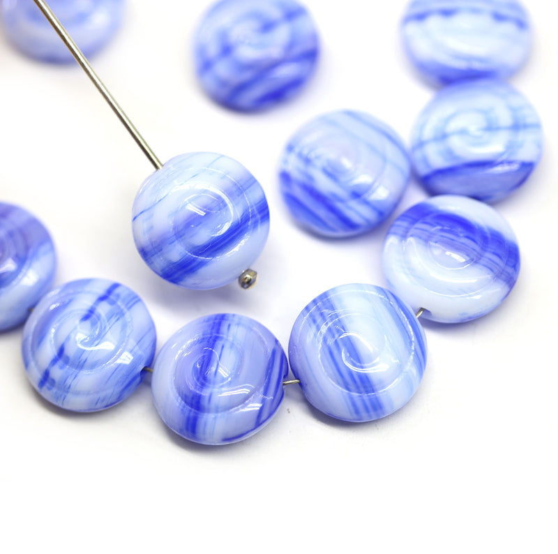 6Pc Blue Spiral beads, white and blue shells, Czech glass seashells - 13mm
