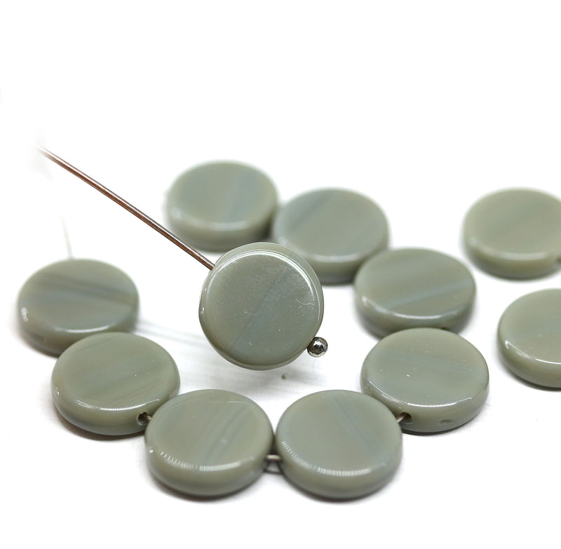 12mm Opaque gray coin czech glass beads, round tablet shape pressed beads, 12Pc