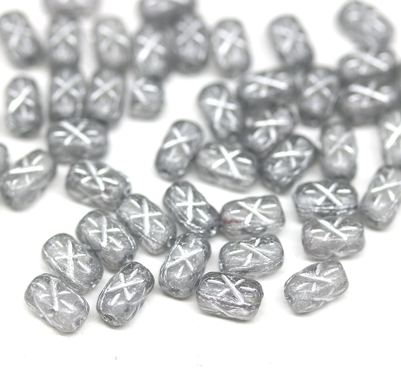 6x4mm Gray czech glass rice beads Silver stars ornament small oval beads 50pc