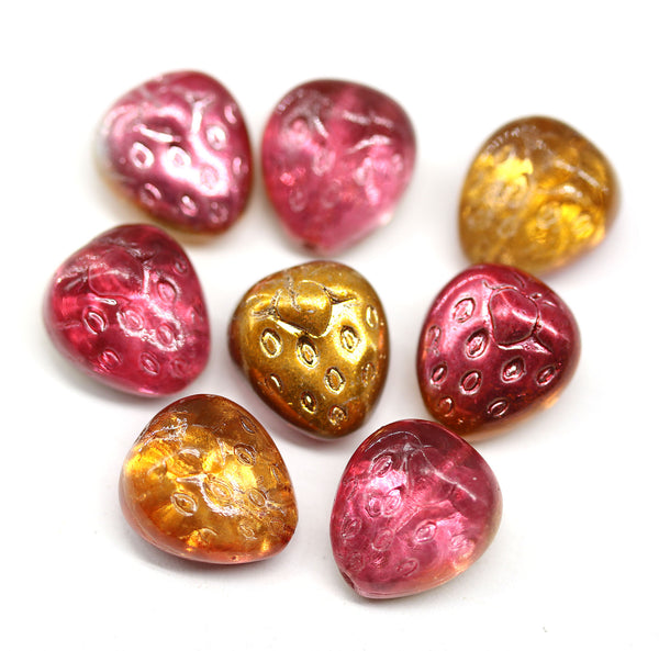 14mm Pink gold mix strawberry czech glass beads, 4Pc