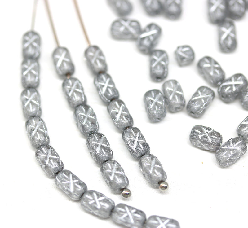 6x4mm Gray czech glass rice beads Silver stars ornament small oval beads 50pc