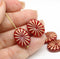 18x12mm Red flat oval Czech glass beads sun rays, 4pc