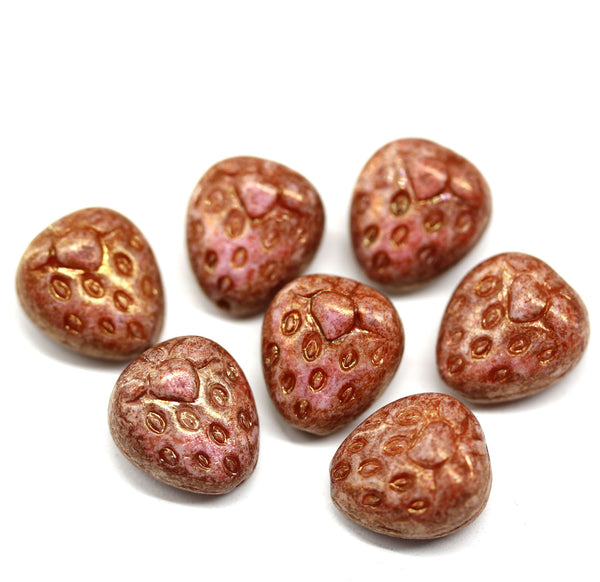 14mm Rustic pink inlays strawberry czech glass beads, 4Pc
