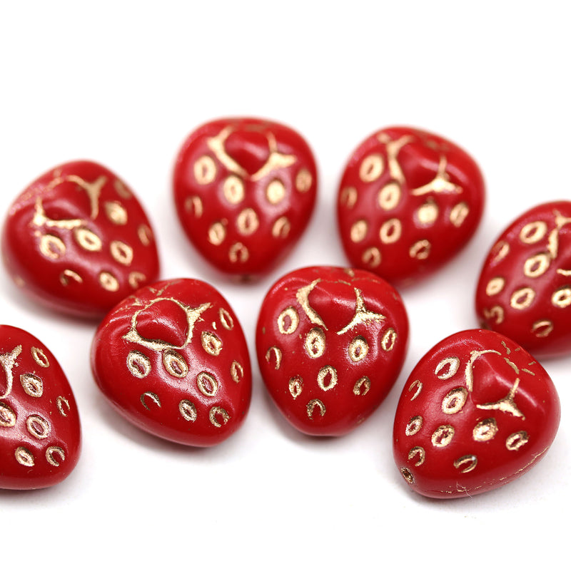 14mm Red gold inlays strawberry czech glass beads, 4Pc