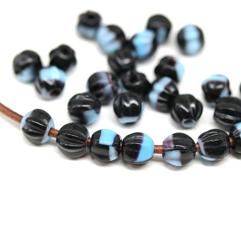 1.5mm hole jet black blue 6mm melon shape beads - 30pc