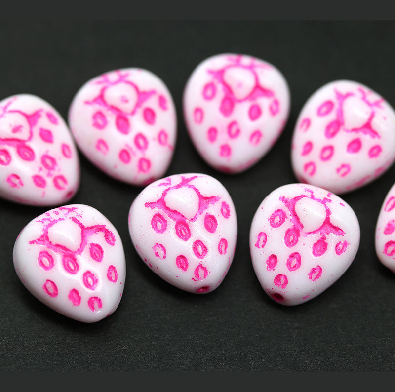 14mm White with pink strawberry czech glass beads, 4Pc