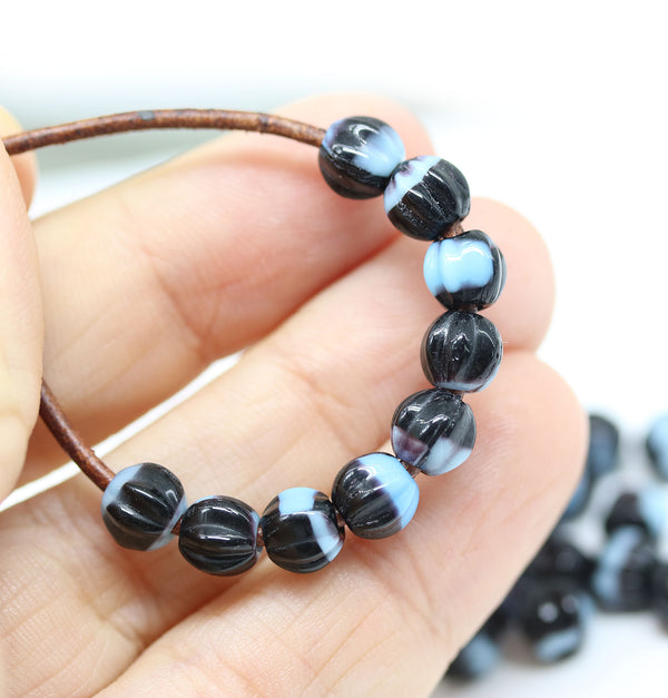 1.5mm hole jet black blue 6mm melon shape beads - 30pc