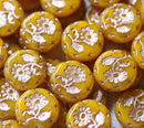 18mm Ocher yellow flower Czech glass beads, copper wash, 2pc