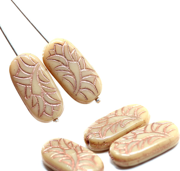 25x12mm Large oval beige flat czech glass beads with copper ornament - 4pc