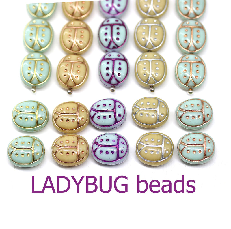 13x11mm Beige copper ladybug Czech glass beads, 4pc