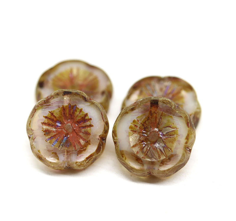 14mm Rustic picasso pansy Czech glass beads - 4Pc